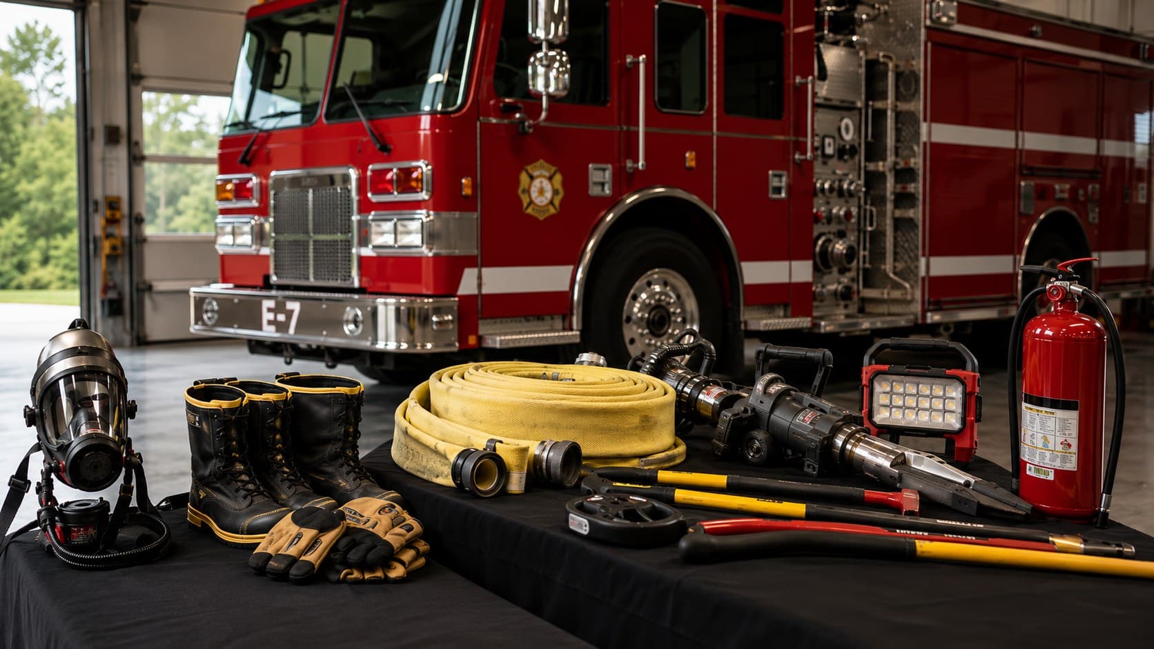 SCBA mask, turnout boots, gloves, hose, hand tools, and an Amerex extinguisher staged in front of a SEMS apparatus